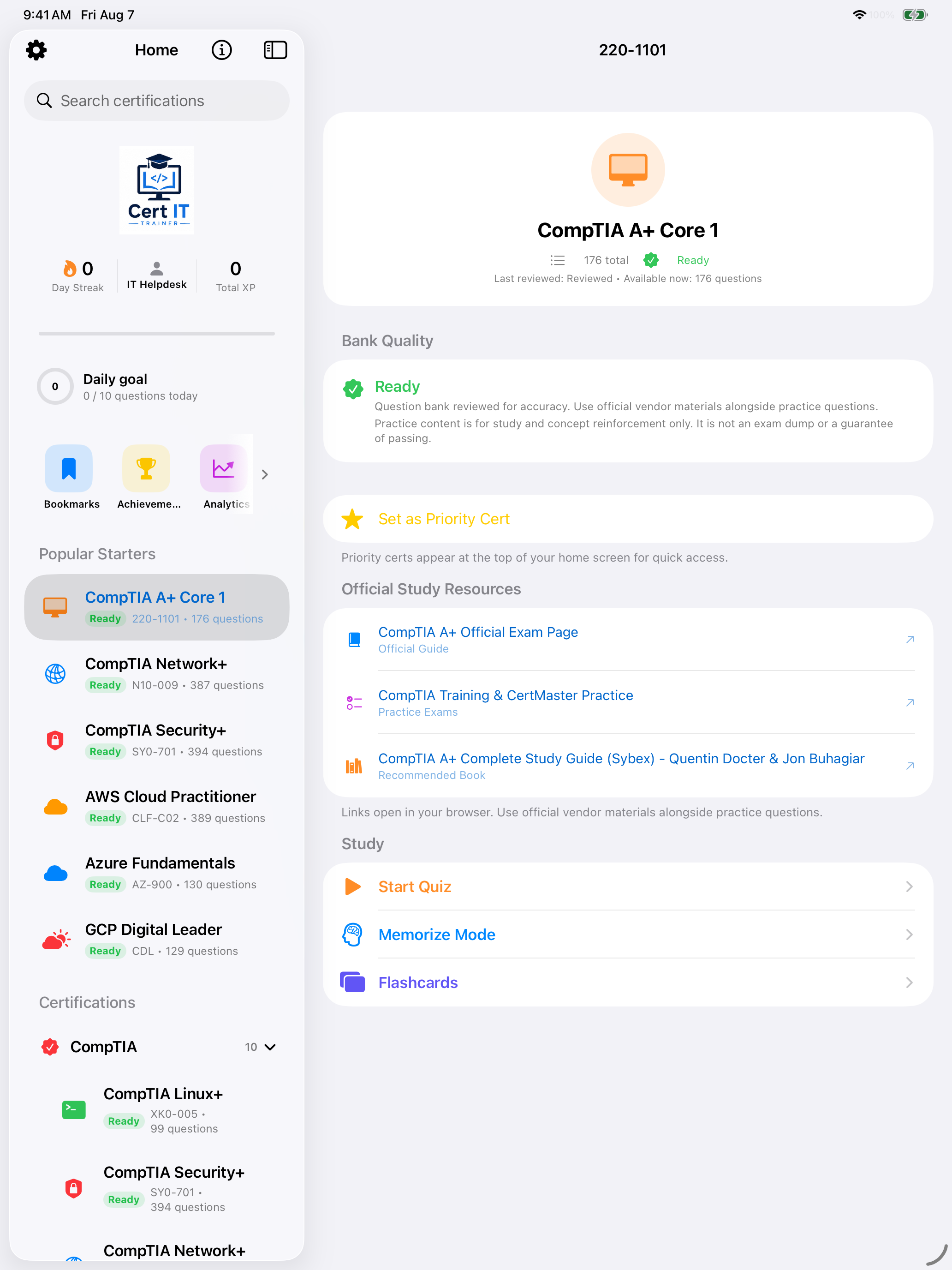 Cert IT Trainer certification detail in a split view on iPad
